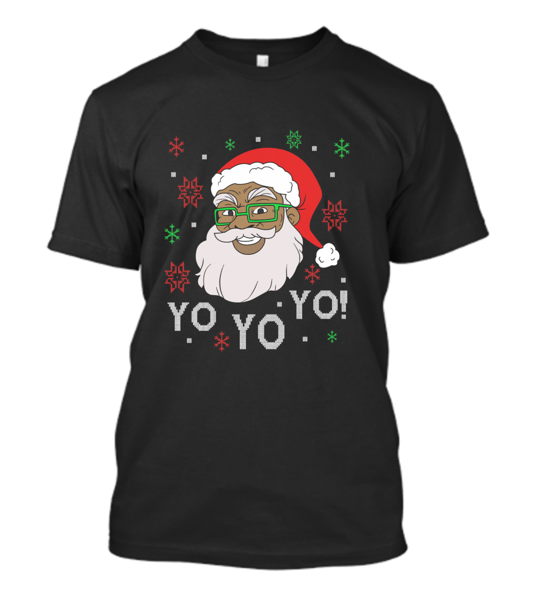 Yo Yo Yo Fun Black Santa Claus Christmas Snowflakes Glasses T-Shirt