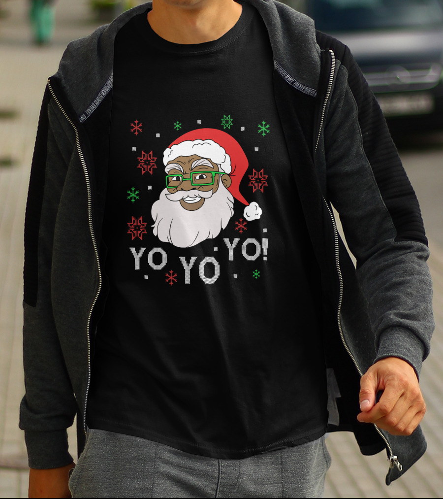Yo Yo Yo Fun Black Santa Claus Christmas Snowflakes Glasses T-Shirt