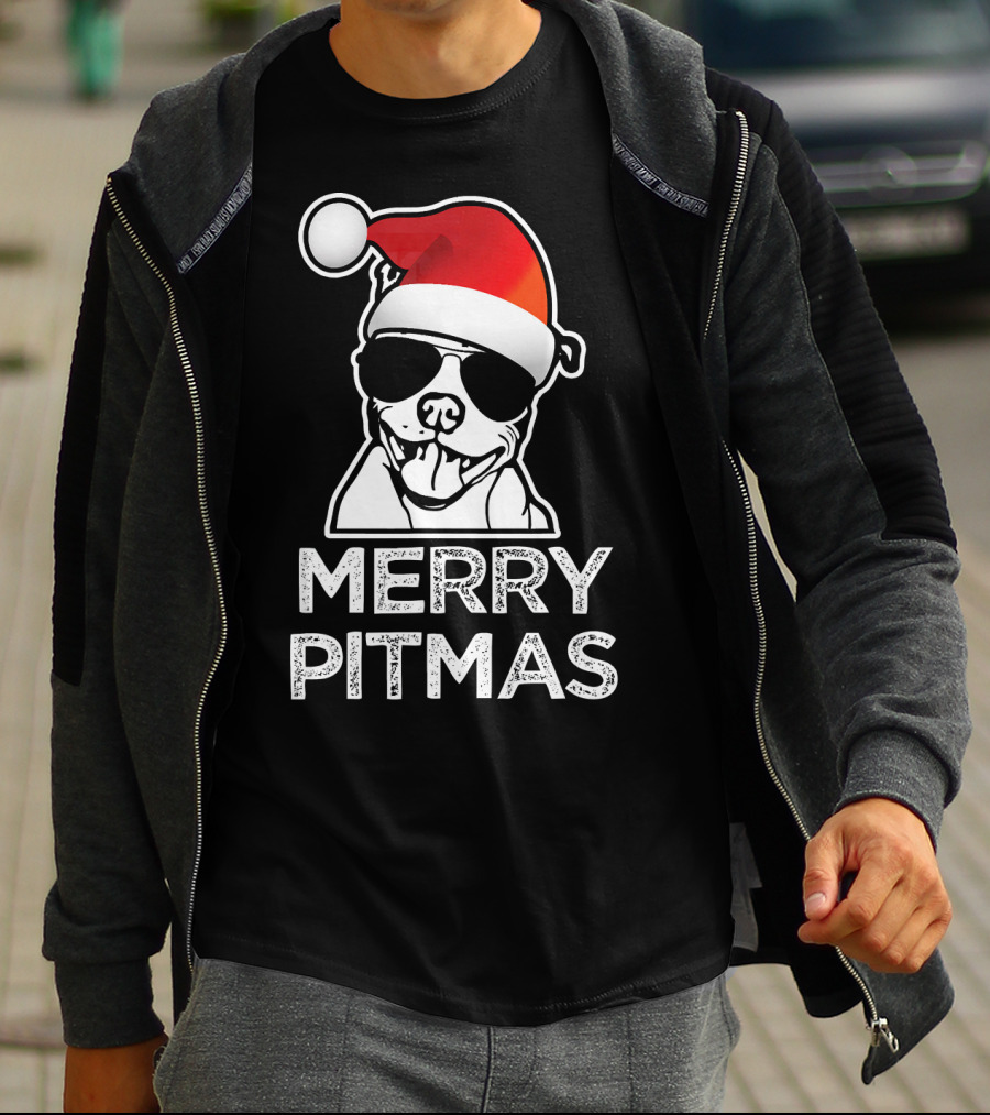 Merry Pitmas Funny Christmas Pitbull With Santa Hat And Sunglasses T-Shirt