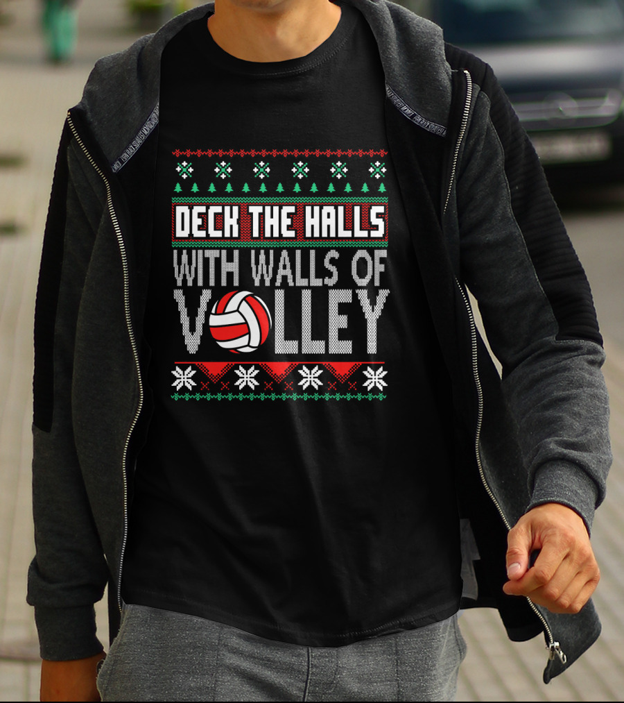 Deck The Halls With Walls Of Volley Volleyball Christmas T-Shirt
