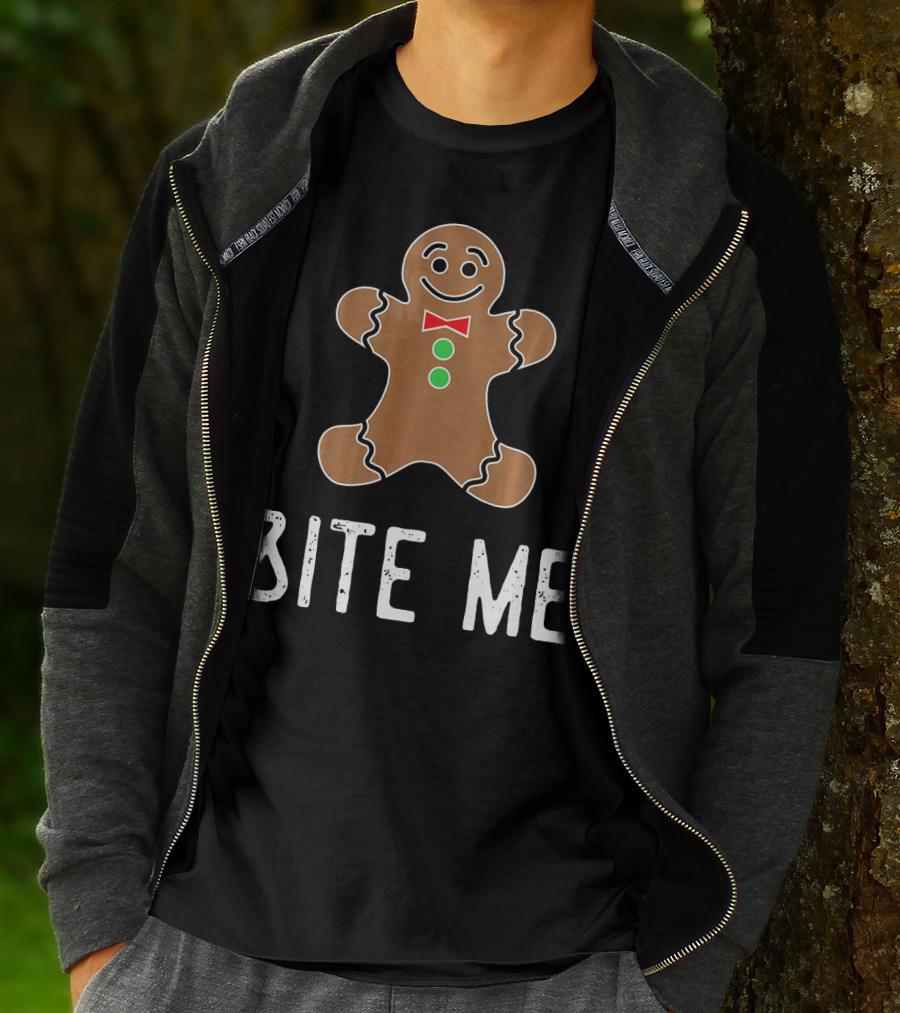 Bite Me Gingerbread Cookie Red Bow Tie Green Buttons T-Shirt