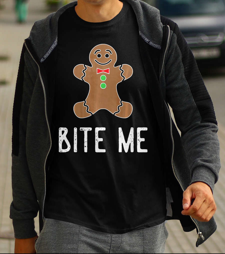 Bite Me Gingerbread Cookie Red Bow Tie Green Buttons T-Shirt