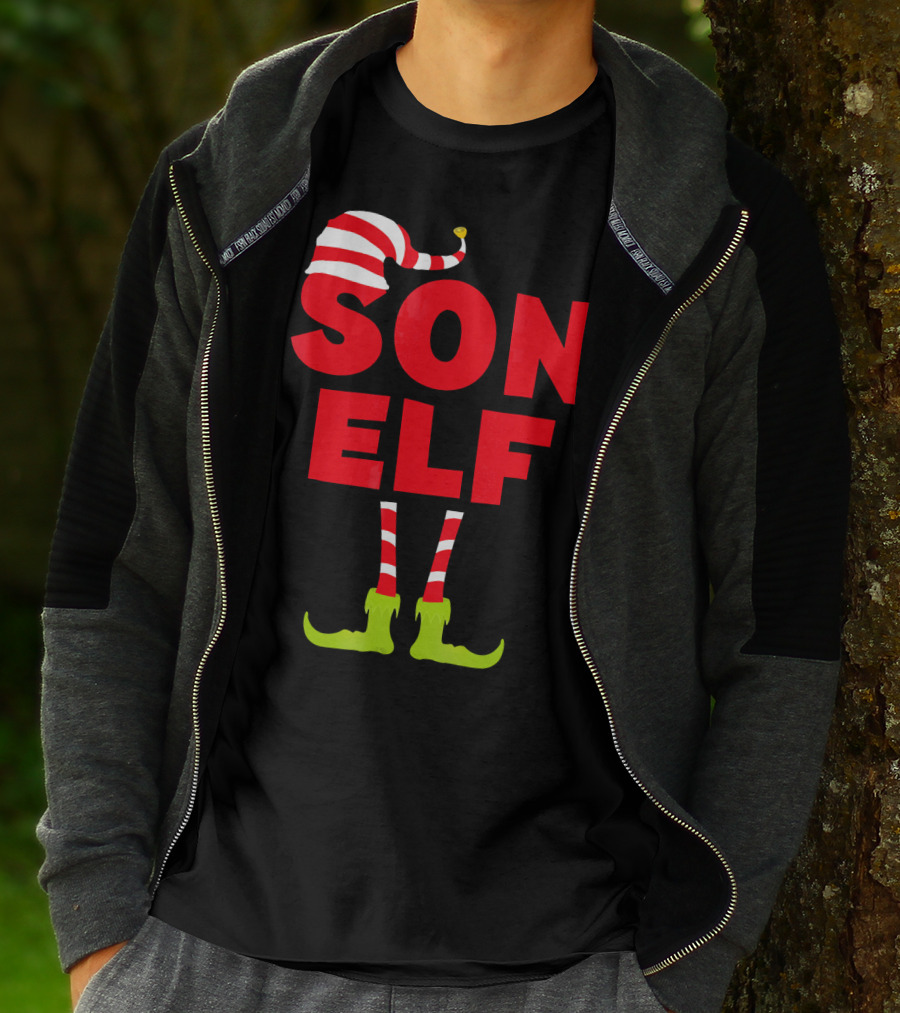 Son Elf Matching Christmas Costume Striped Hat And Socks T-Shirt