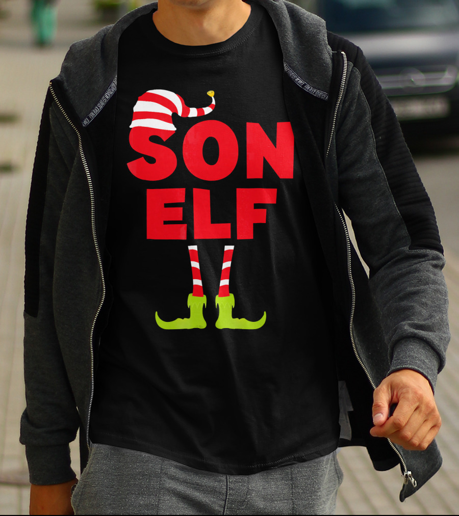 Son Elf Matching Christmas Costume Striped Hat And Socks T-Shirt