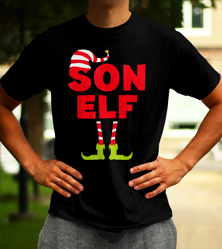 Son Elf Matching Christmas Costume Striped Hat And Socks T-Shirt