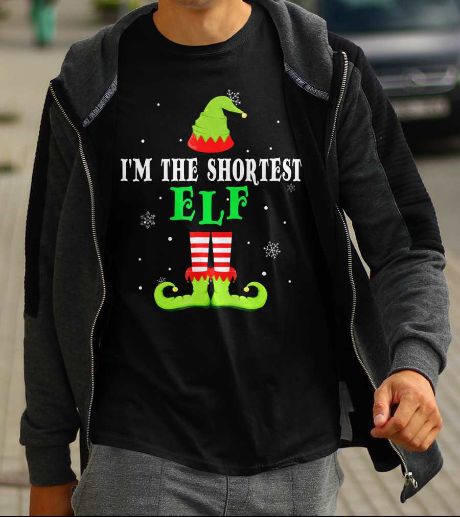 I'm The Shortest Elf Festive Holiday Design Snowflakes Green Hat Red Striped Legs T-Shirt