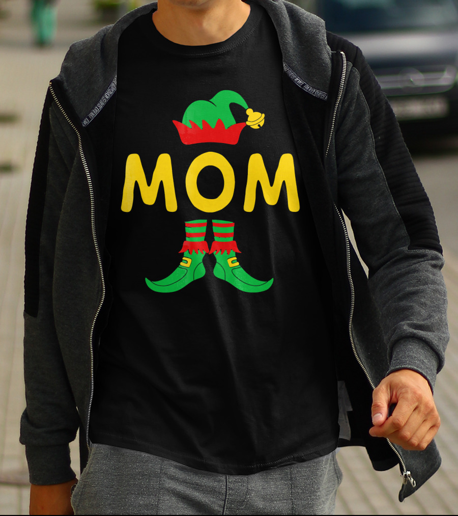 Mom Elf Funny Christmas Family Mat Festive Green And Red T-Shirt