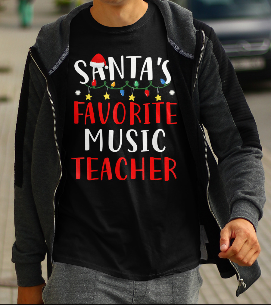 Santa's Favorite Music Teacher Holiday Lights And Stars T-Shirt