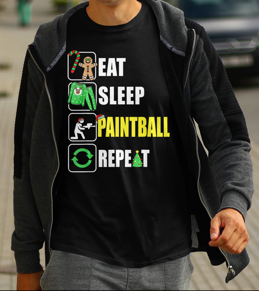 Eat Sleep Paintball Repeat Christmas Candy Cane Gingerbread Ugly Sweater Santa Hat Tree T-Shirt