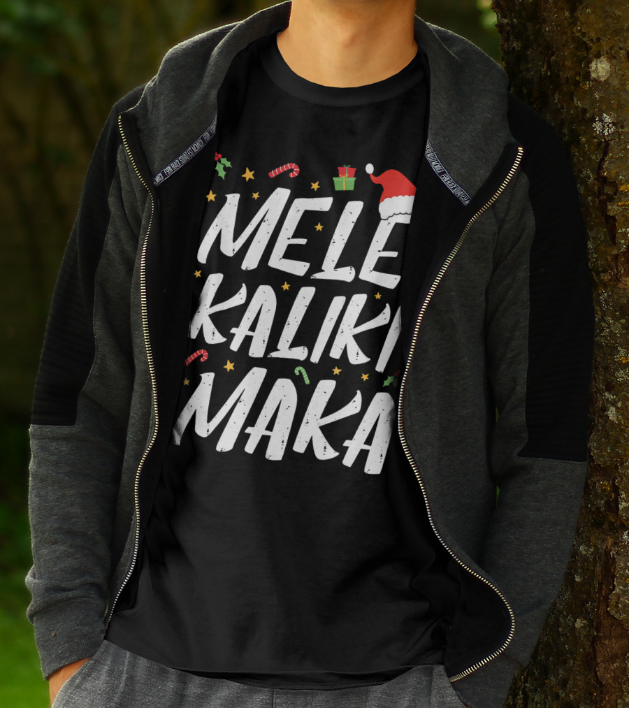 Mele Kalikimaka Christmas Hawaii Santa Hat Candy Canes Holly Presents T-Shirt
