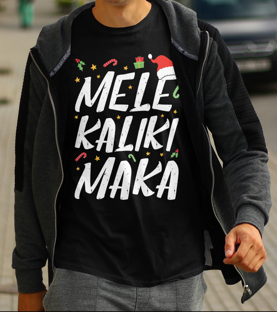 Mele Kalikimaka Christmas Hawaii Santa Hat Candy Canes Holly Presents T-Shirt