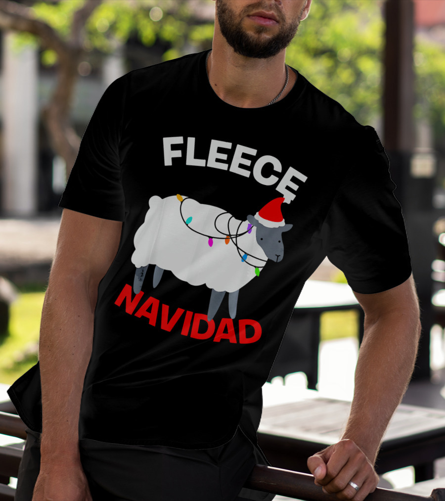 Fleece Navidad Funny Christmas Sheep Santa Hat Lights T-Shirt