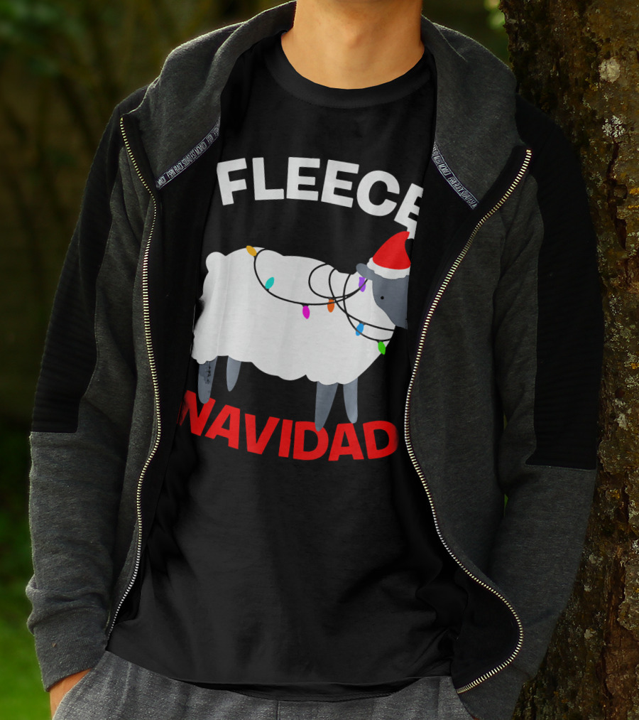Fleece Navidad Funny Christmas Sheep Santa Hat Lights T-Shirt