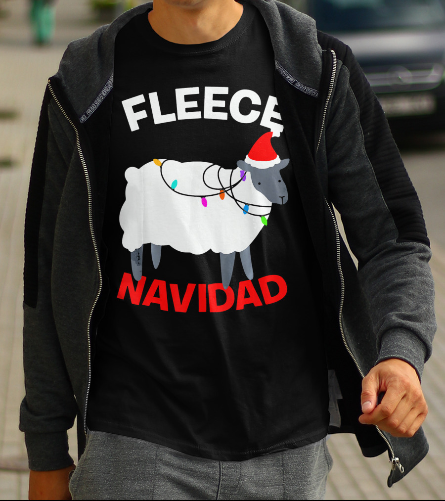 Fleece Navidad Funny Christmas Sheep Santa Hat Lights T-Shirt