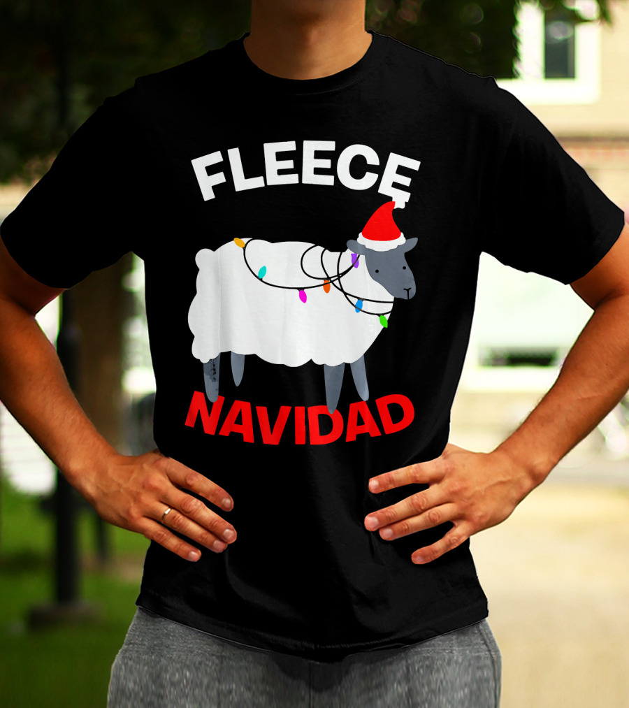 Fleece Navidad Funny Christmas Sheep Santa Hat Lights T-Shirt