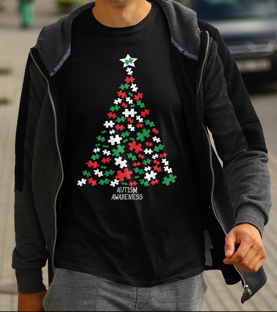 Christmas Autism Awareness Puzzle Piece Tree T-Shirt