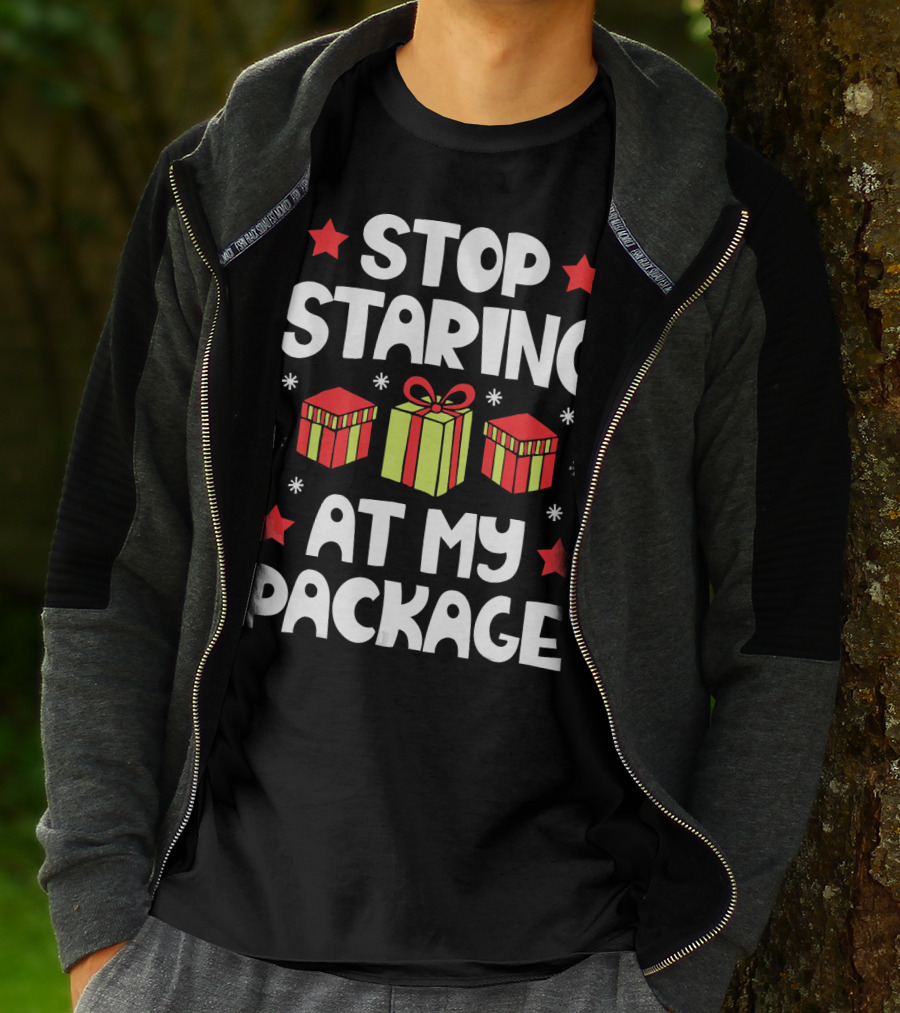 Stop Staring At My Package Christmas Gift Box Design With Stars And Snowflakes T-Shirt