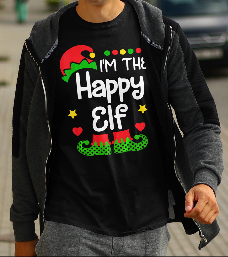 I'm The Happy Elf Christmas Hat Stars Hearts Dots T-Shirt