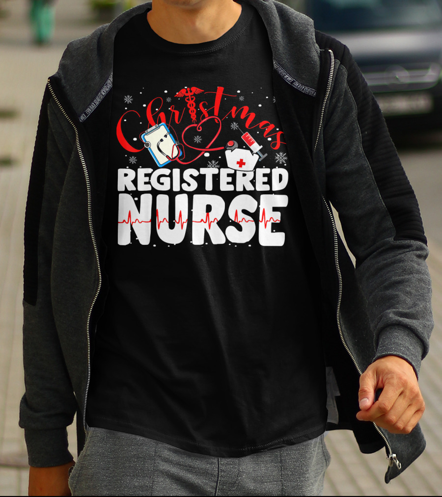 Christmas Registered Nurse With Medical Icons And Heartbeat T-Shirt