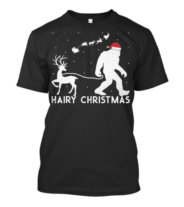 Hairy Christmas Bigfoot Santa Reindeer Snow Scene T-Shirt