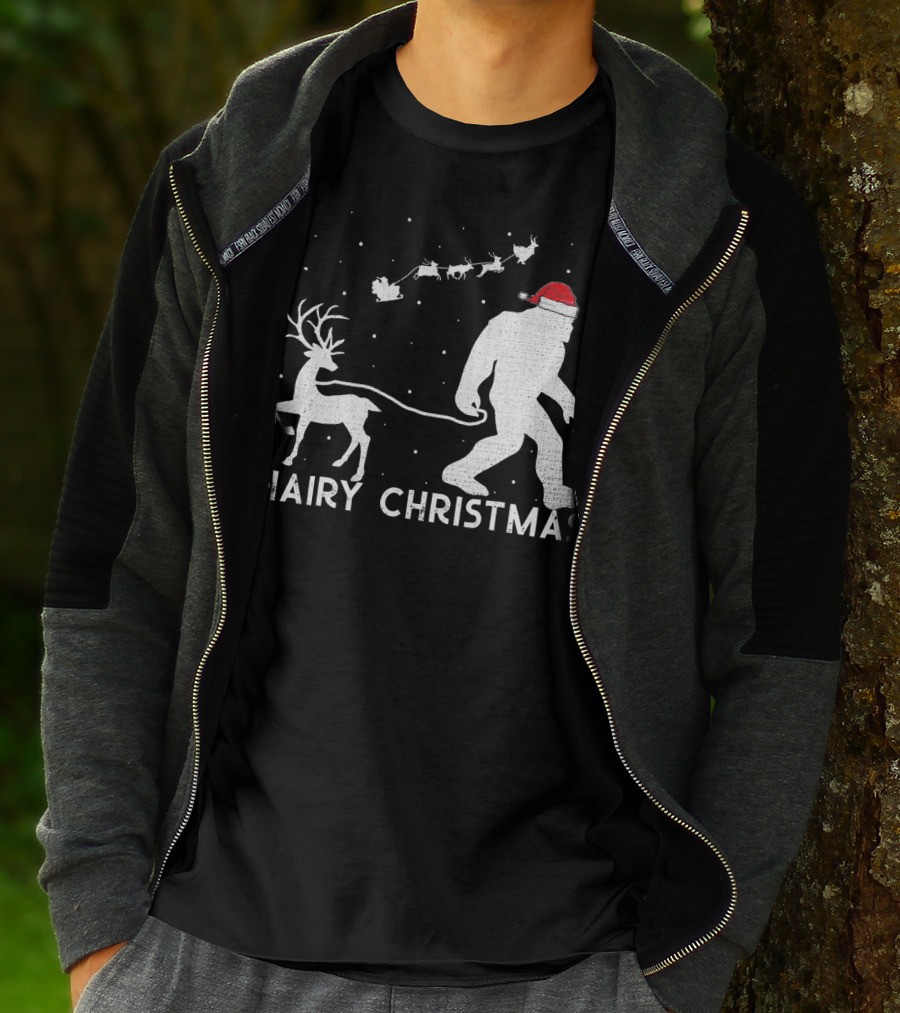 Hairy Christmas Bigfoot Santa Reindeer Snow Scene T-Shirt
