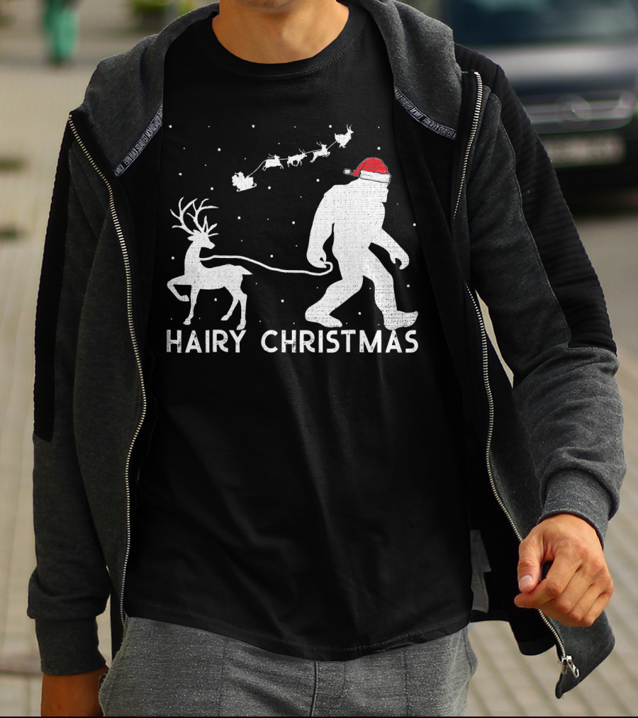 Hairy Christmas Bigfoot Santa Reindeer Snow Scene T-Shirt