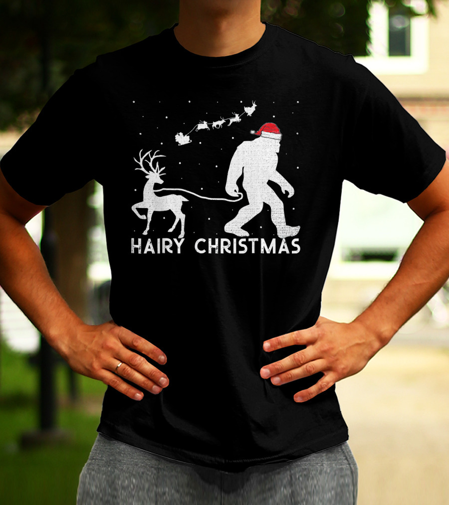 Hairy Christmas Bigfoot Santa Reindeer Snow Scene T-Shirt