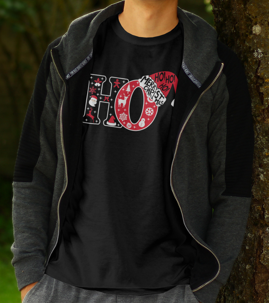 HO HO HO Merry Christmas Santa Hat Snowflakes T-Shirt
