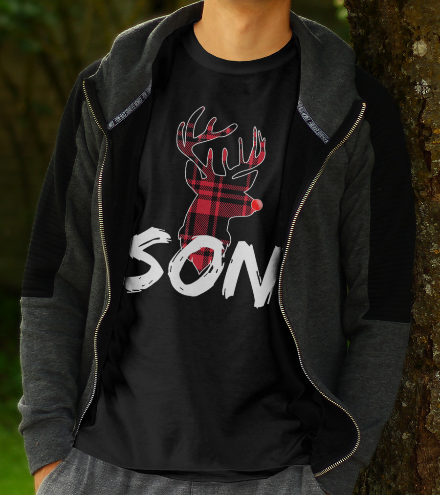 Son Family Matching Christmas Red Plaid Reindeer T-Shirt
