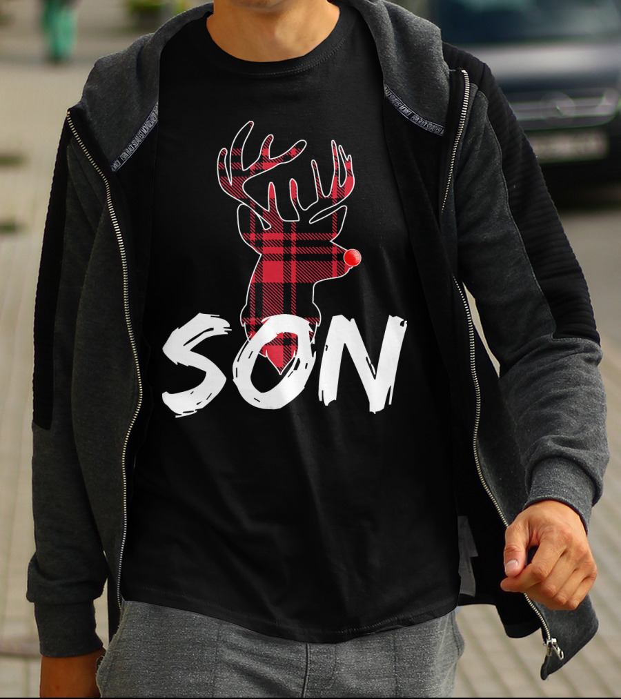 Son Family Matching Christmas Red Plaid Reindeer T-Shirt