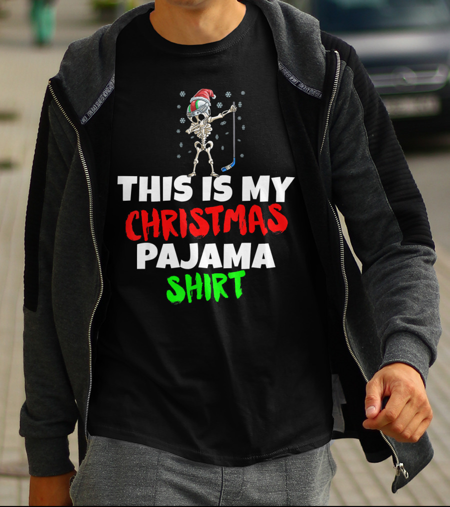 This Is My Christmas Pajama Shirt Skeleton With Santa Hat And Hockey Stick T-Shirt