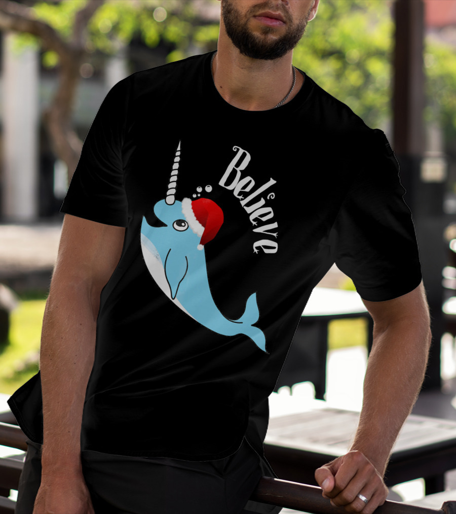 Believe Narwhal Christmas Cute Unicorn Santa Hat T-Shirt