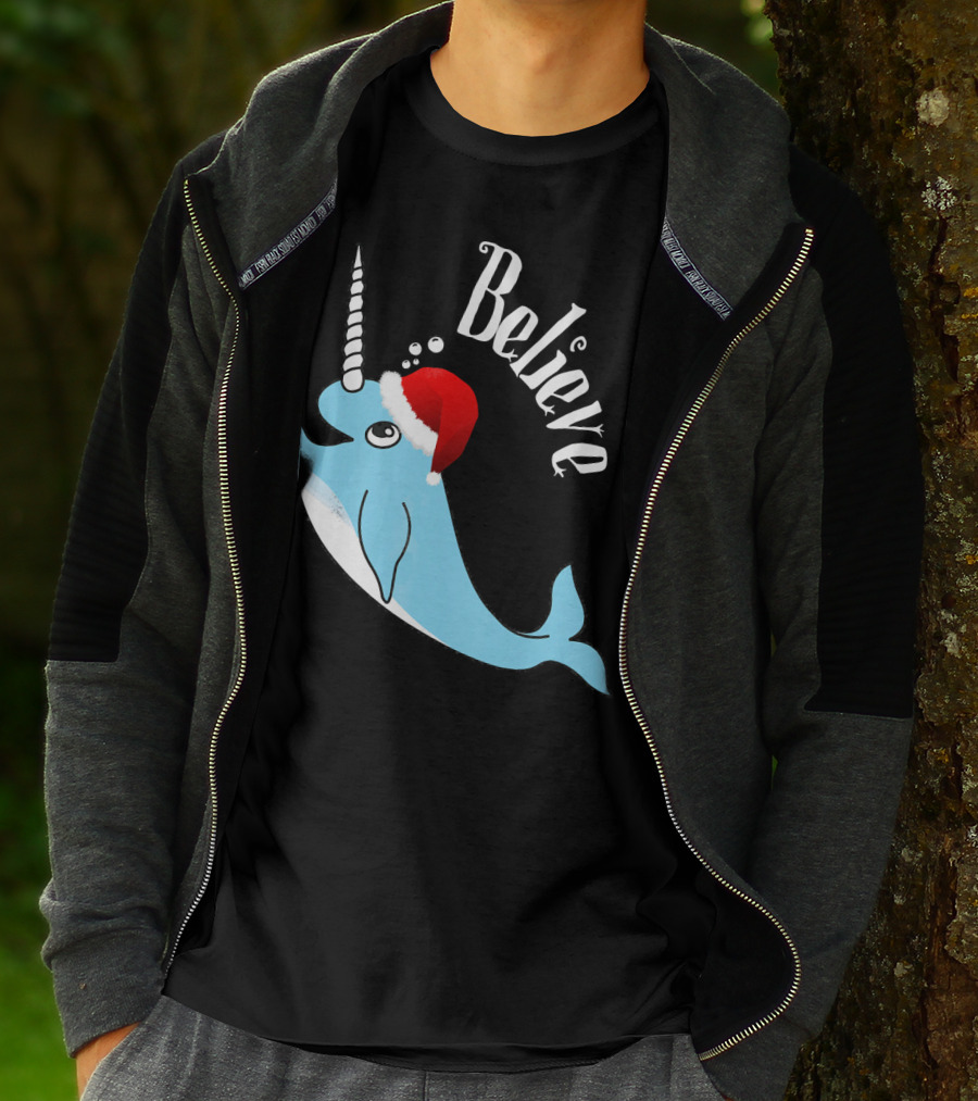 Believe Narwhal Christmas Cute Unicorn Santa Hat T-Shirt