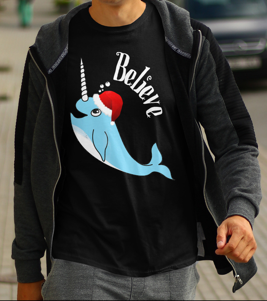 Believe Narwhal Christmas Cute Unicorn Santa Hat T-Shirt