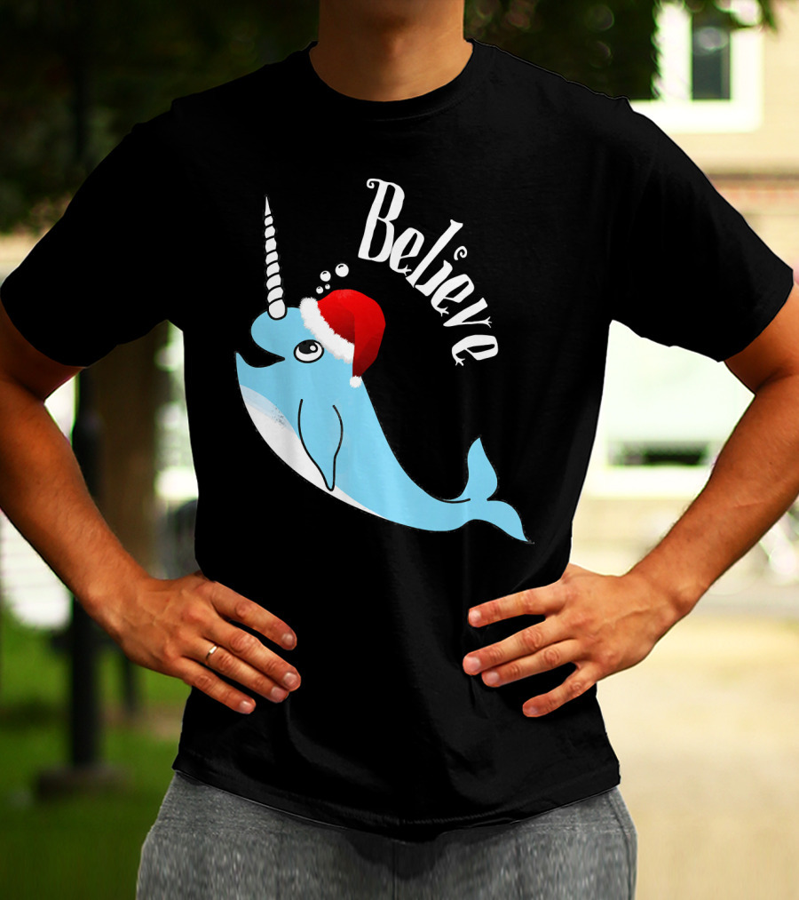 Believe Narwhal Christmas Cute Unicorn Santa Hat T-Shirt