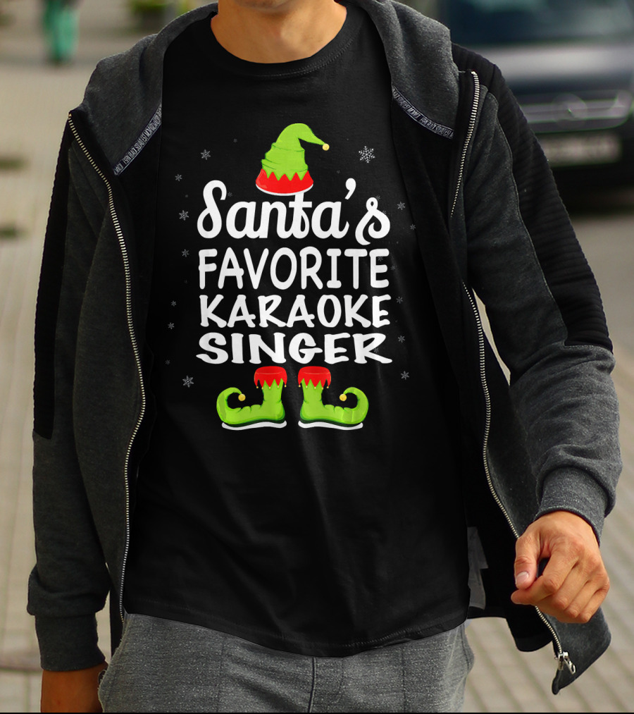 Santa's Favorite Karaoke Singer Funny Christmas Elf Hat And Boots T-Shirt