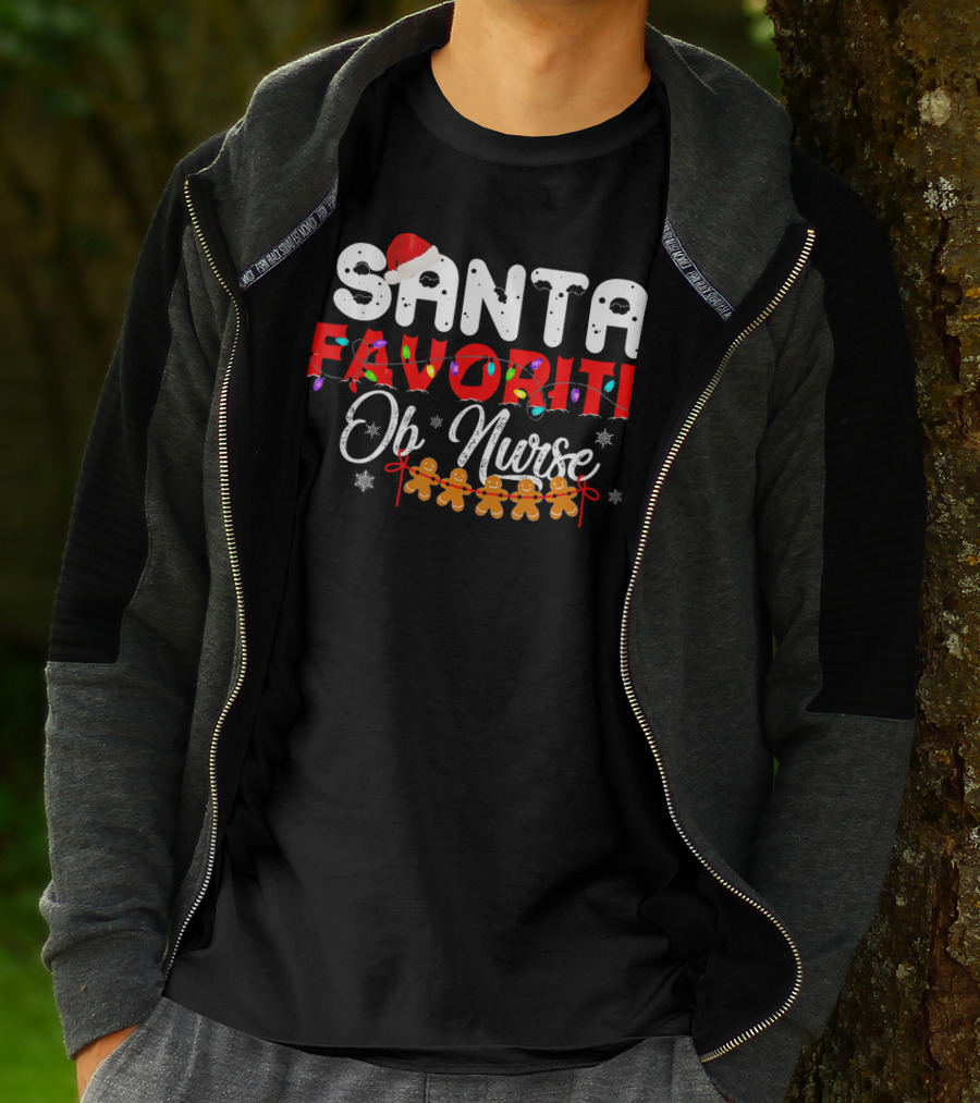 Santa's Favorite OB Nurse Christmas Holiday Gingerbread T-Shirt