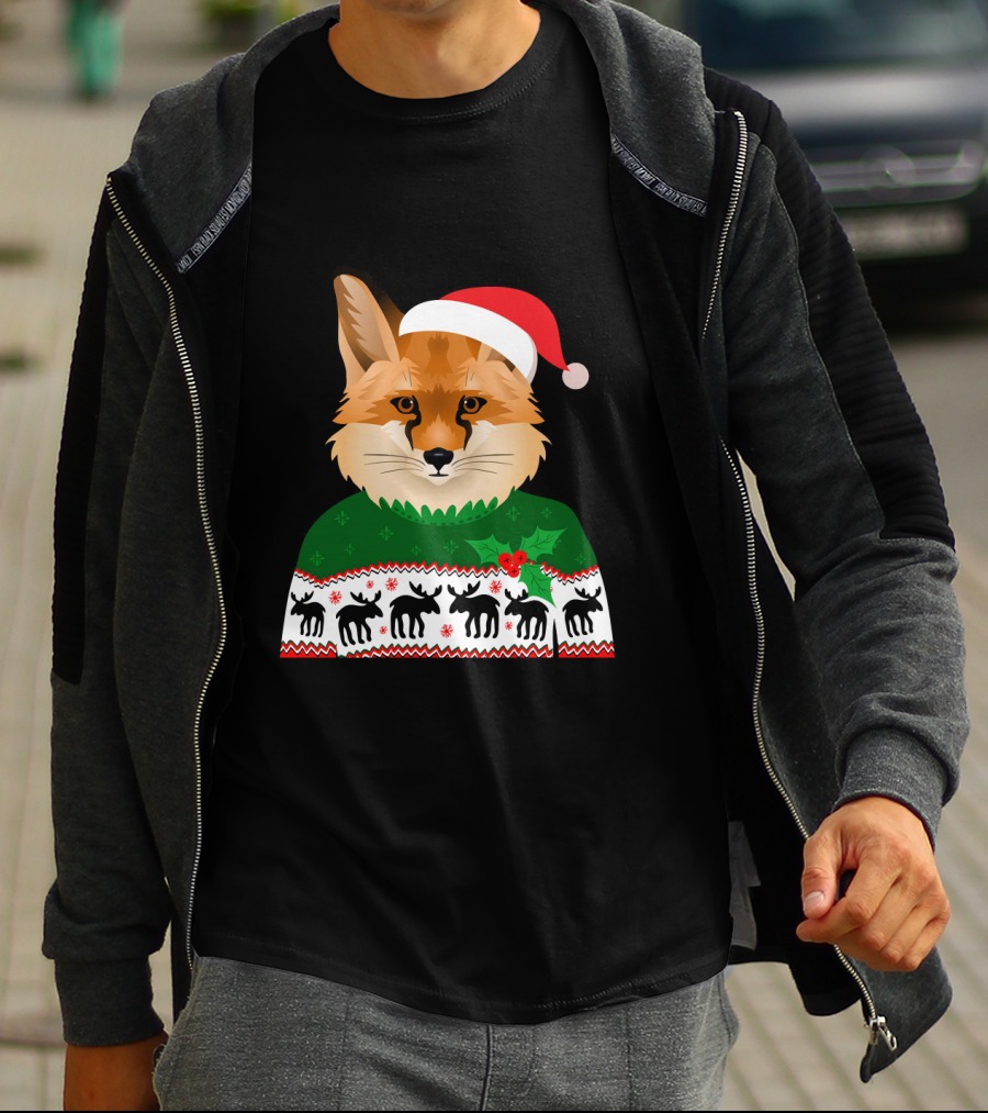 Long Sleeve Fox Ugly Christmas Sweater Santa Hat T-Shirt