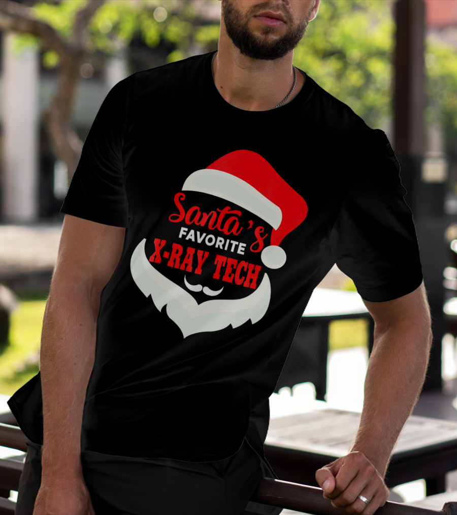 Santa's Favorite X-Ray Tech Christmas Santa Hat And Beard T-Shirt