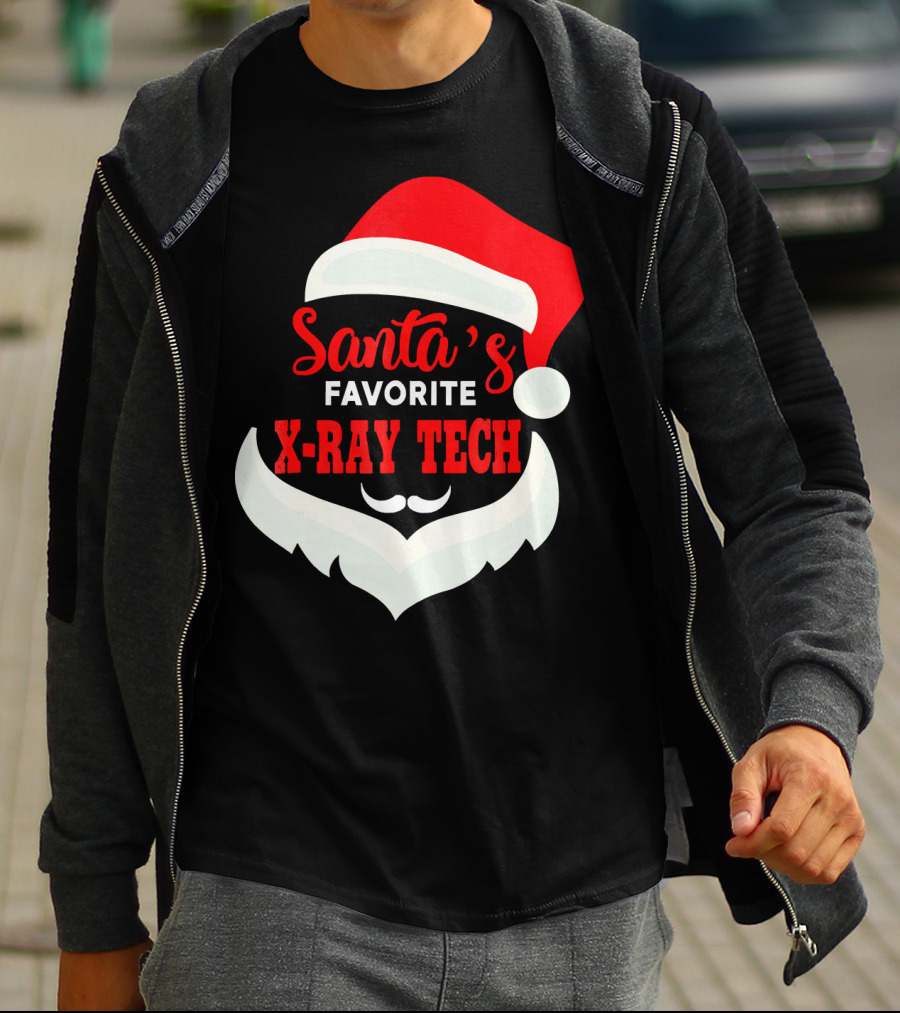 Santa's Favorite X-Ray Tech Christmas Santa Hat And Beard T-Shirt