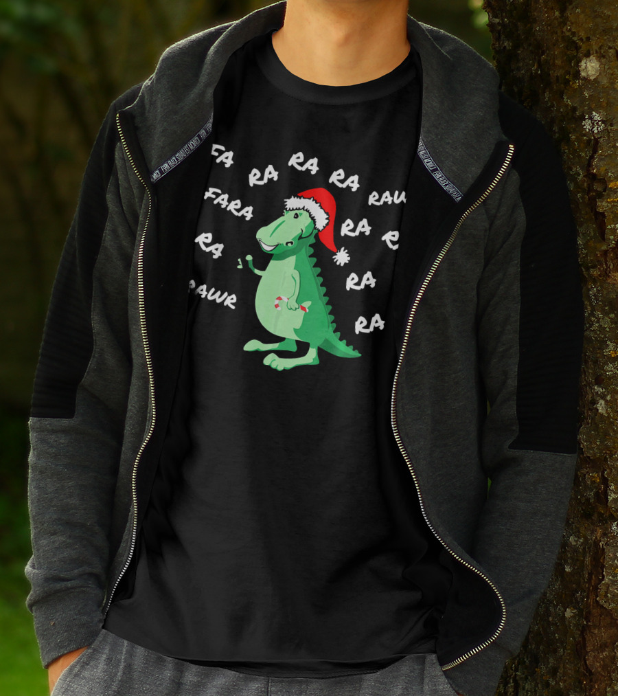 T Rex Dinosaur Singing Fa Ra Rawr Christmas Santa Hat T-Shirt