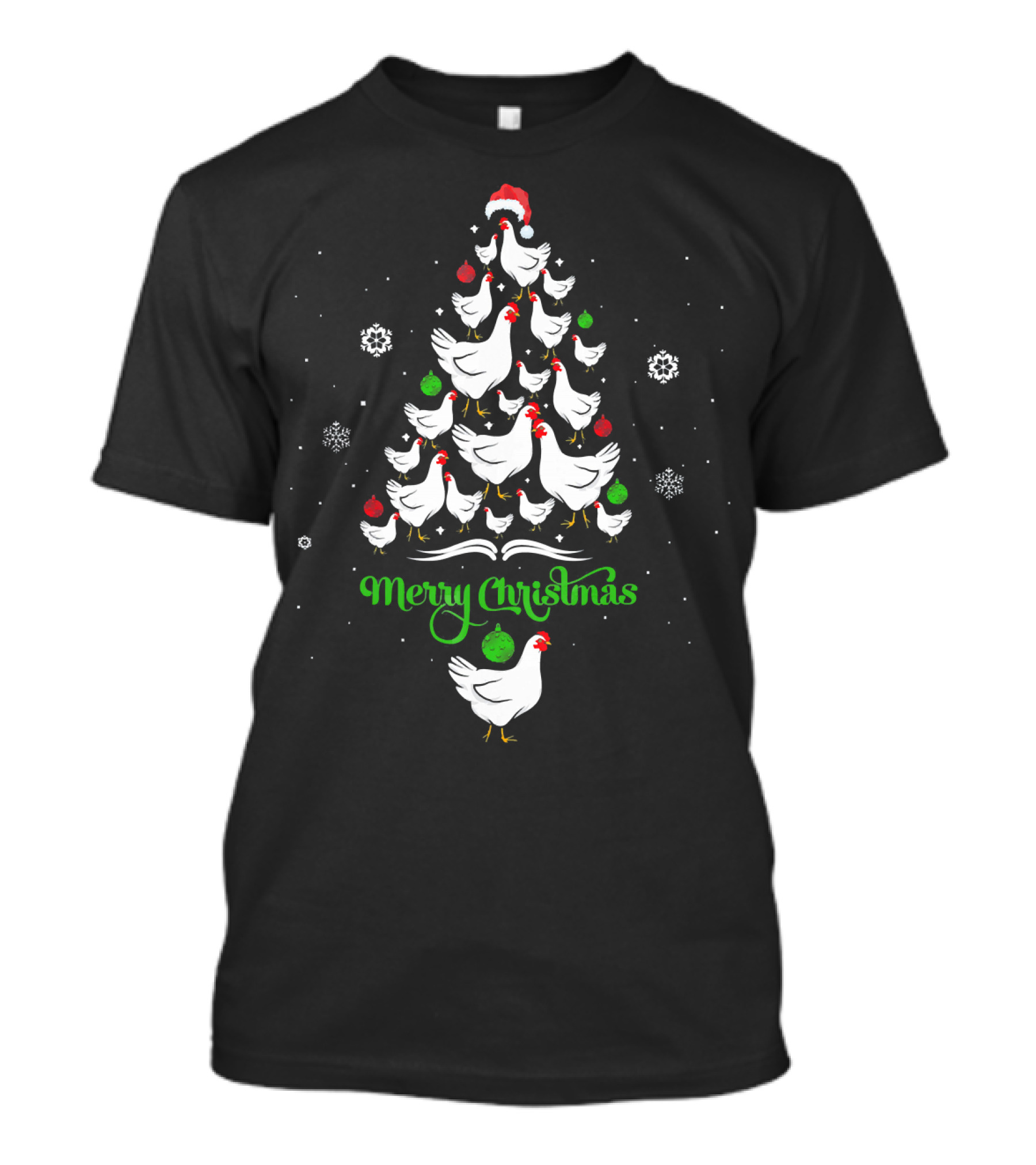 Merry Chickmas Chicken Lover Christmas Tree With Santa Hat And Ornaments T-Shirt