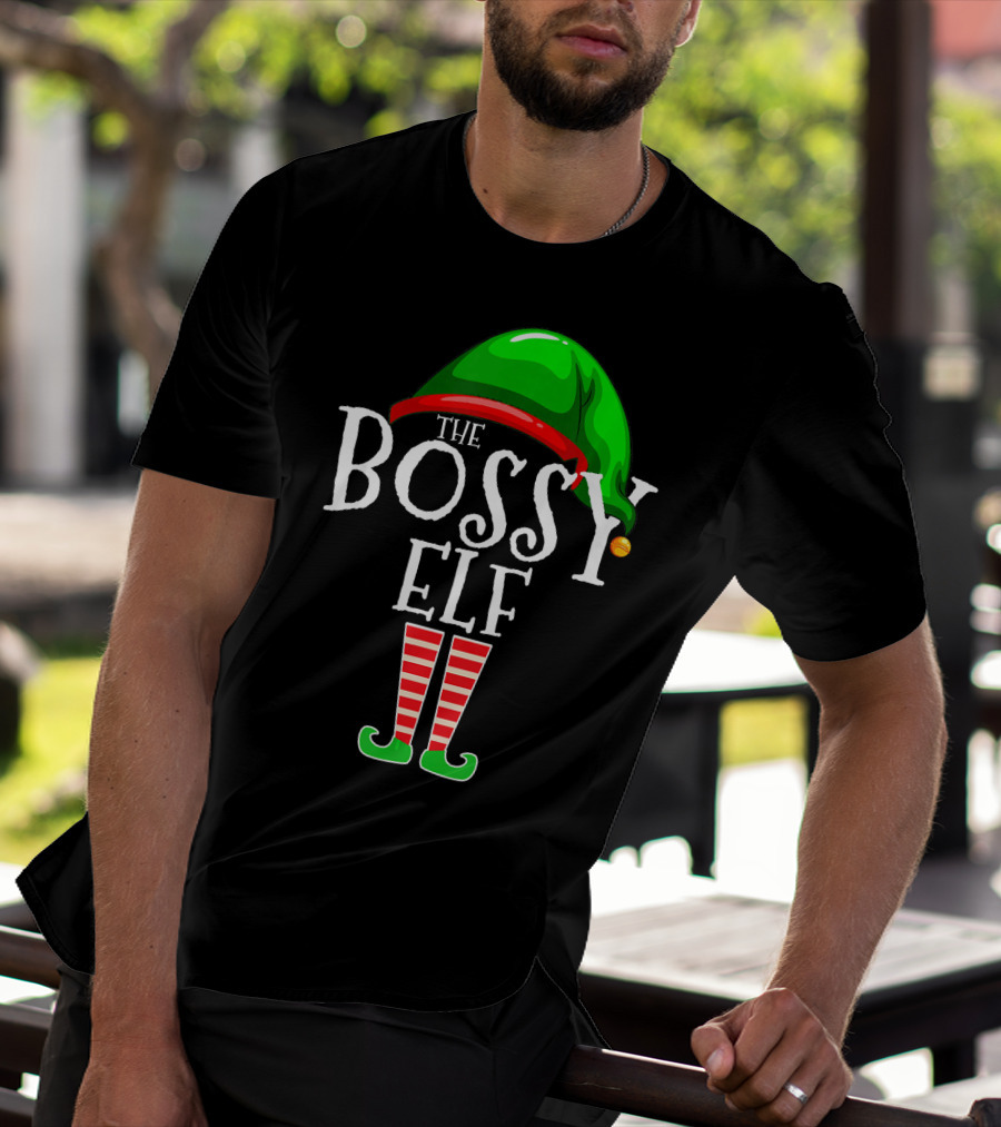 The Bossy Elf Green Hat Red Striped Legs T-Shirt