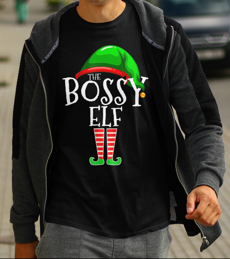 The Bossy Elf Green Hat Red Striped Legs T-Shirt