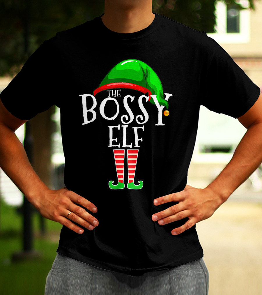 The Bossy Elf Green Hat Red Striped Legs T-Shirt