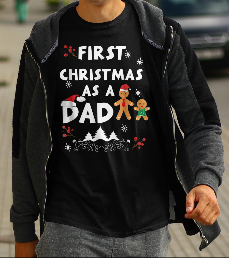 First Christmas As A Dad Gingerbread Snowflakes Holiday Scene T-Shirt
