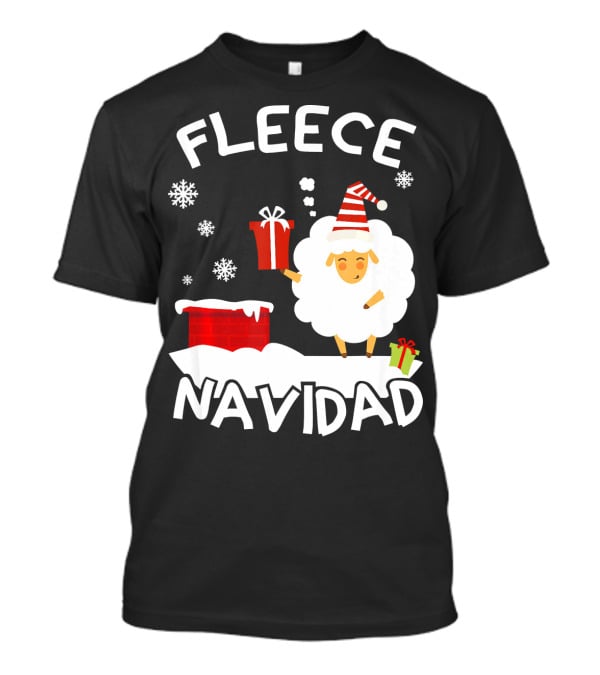 Fleece Navidad Sheep With Santa Hat And Gift Chimney Snowflakes T-Shirt