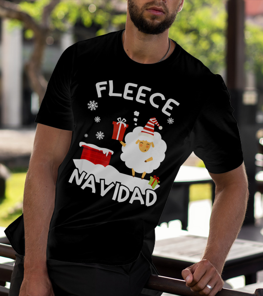 Fleece Navidad Sheep With Santa Hat And Gift Chimney Snowflakes T-Shirt