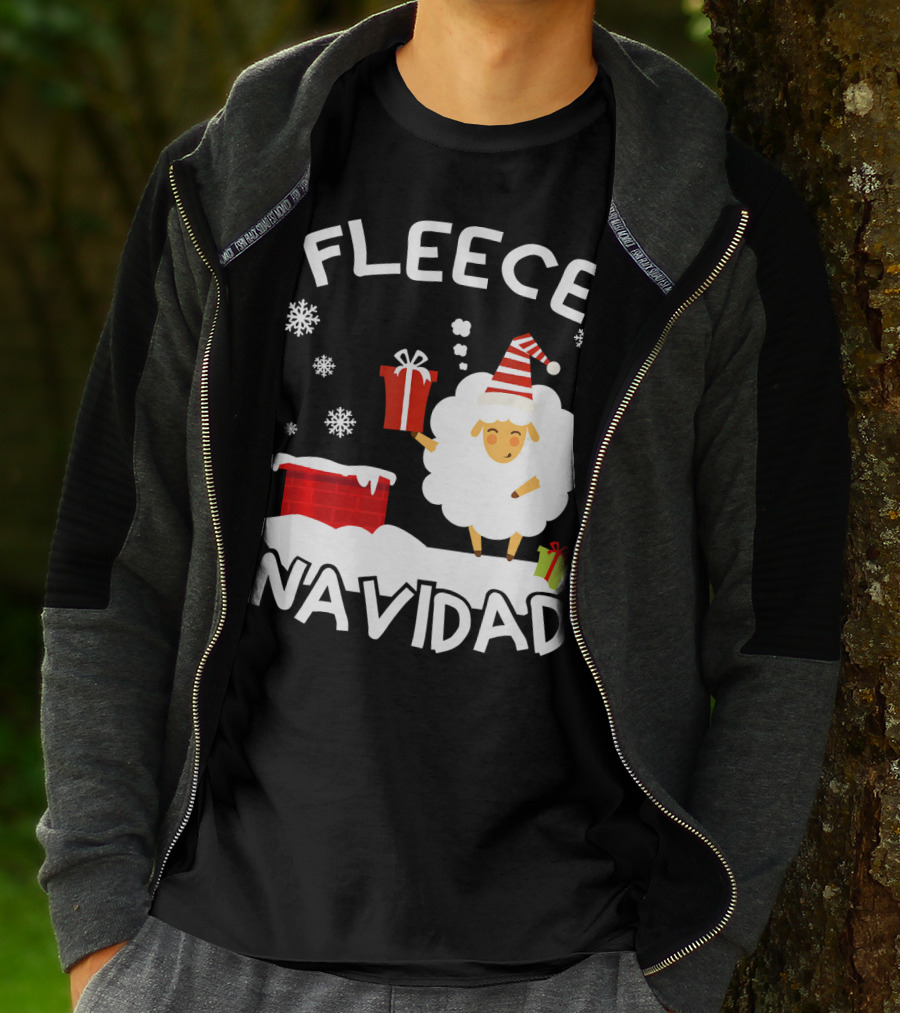 Fleece Navidad Sheep With Santa Hat And Gift Chimney Snowflakes T-Shirt