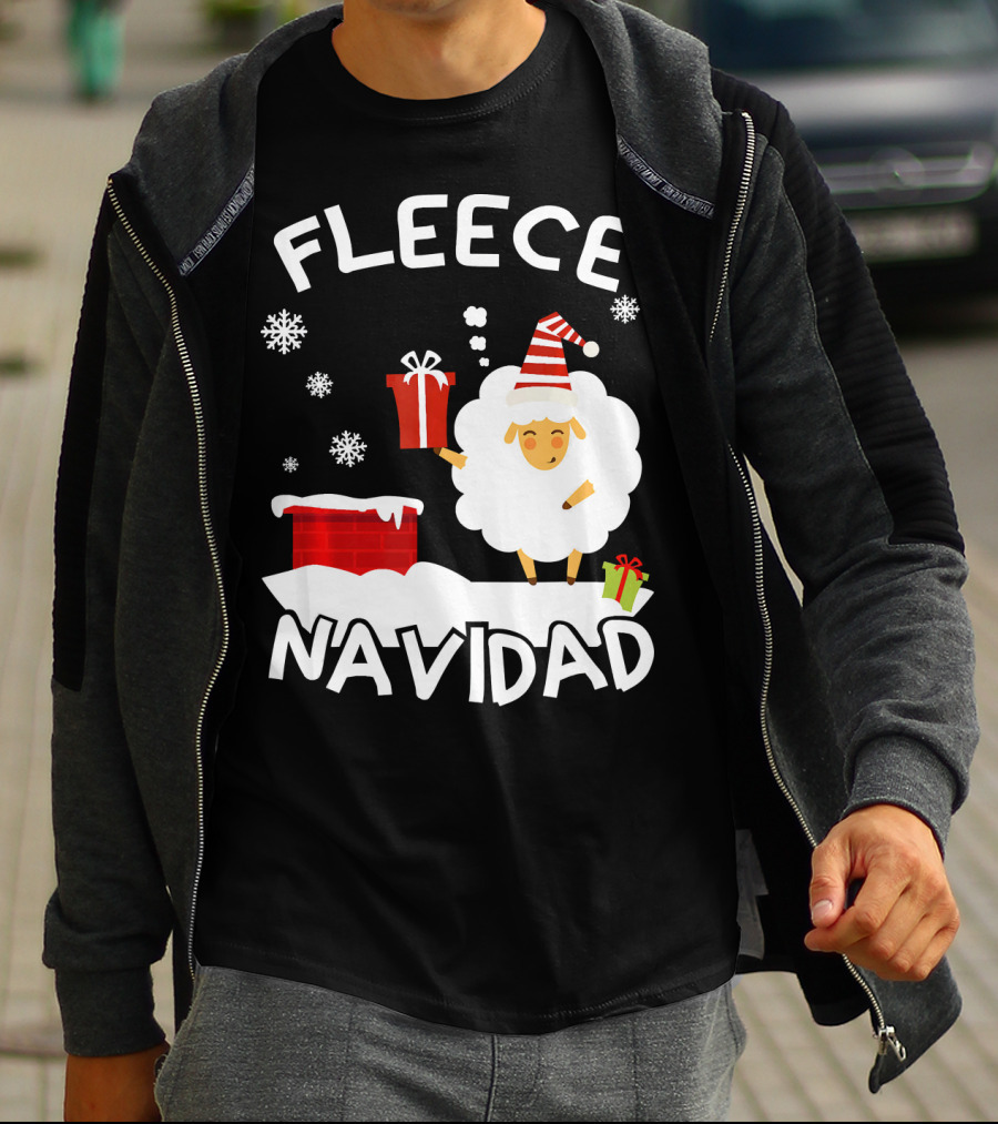 Fleece Navidad Sheep With Santa Hat And Gift Chimney Snowflakes T-Shirt